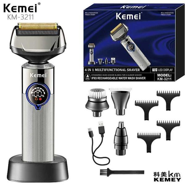 Jilet Bıçakları Kemei KM-3211 Profesyonel Elektrikli Folyo Tıraş Makinesi Su Geçirmez IPX5 USB Şarj Edilebilir Erkek Sakal Düzeltici Qshave Q240508