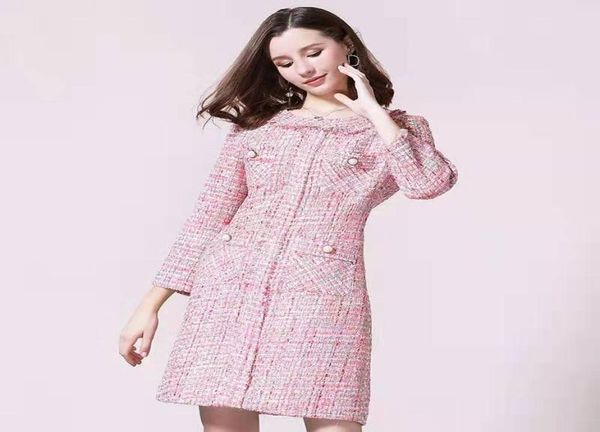 Mulheres outono de inverno Tweed vestido de luxo designer rosa vestidos tweedy Empire Aline Casat Pocket Dress Office Lady Trabalho vestido vestido3445252