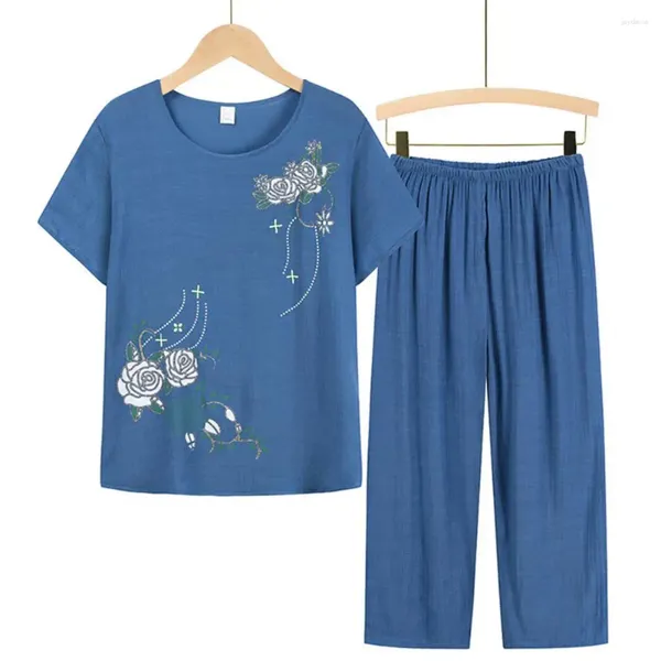 Damen zweisteuelhafte Hosen Homewear Outfit Kleidung Nachtwäsche Set kurzärmelig floraldrucke Pyjamas hautfreundlich