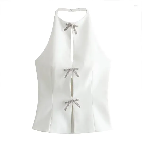 Serbatoi da donna Shiny Bow White Top 2024 Summer senza spalline senza maniche Slim Halter Halter Impiccamento Tops rotondi