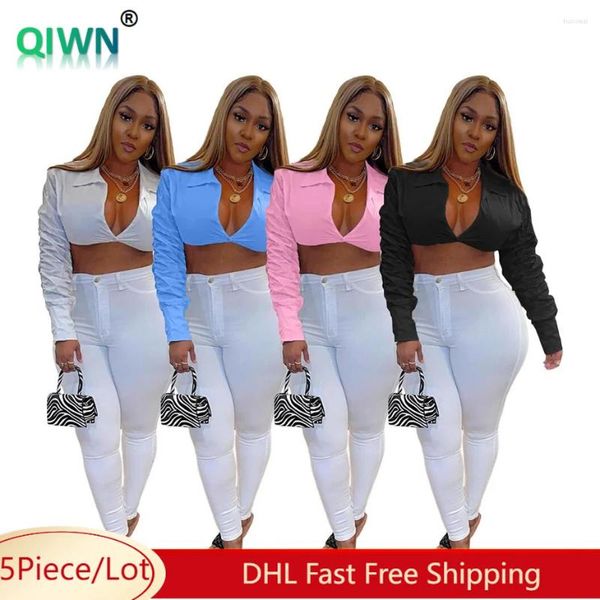 Damen Hoodies Frauen Langes See T-Shirt 5pcs Bulk Gegenstände Großhandel lässige Turndown-Kragen Crop Top Female Streetwear Spaltbluse