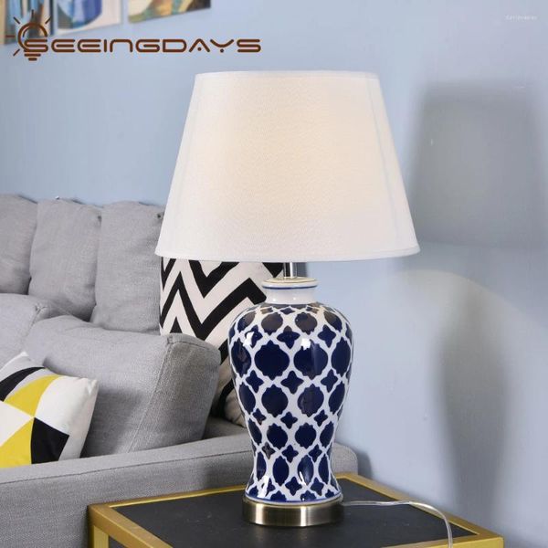 Tischlampen 38x64cm Jindezhen Blue Keramik Lampe Amerikanische Retro -LED für Schlafzimmer Wohnzimmer Nacht
