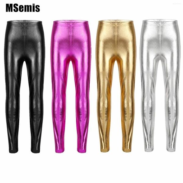 Calças crianças garotas meninas brilhantes metalas metálicas leggings street use hip hop elástico cintura calça skinny dança de dança de moda pantalons