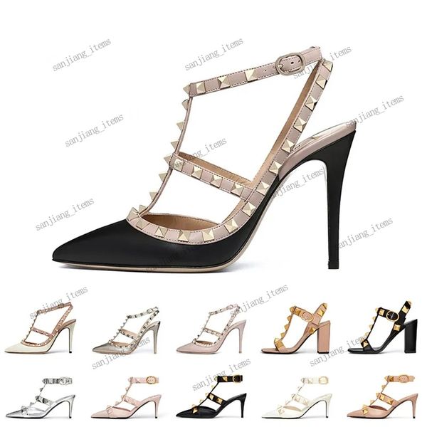 Seksi sivri yüksek topuk saplamalar strappy sandalet kadınların çivili perçinler slingback 6cm 8cm 10cm sivri uçlu stiletto topuklu Slingback bej çıplak siyah patent düğün pompaları