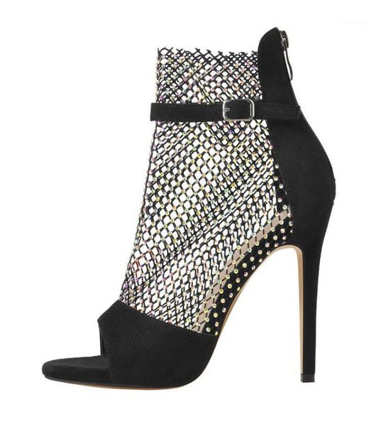 RICERALNANA DONNA SANDALI MESH NERA SEEP TEE DETTO zip tacchi alti tacchi alla caviglia con fibbia Rhinestone scarpe da donna di grande dimensione US5158407270