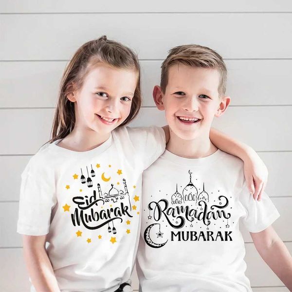 Camisetas felizes eid Mubarak impressão infantil garotas meninos eid de festa de festa tops ramadan manga curta camiseta islâmica roupa de férias muçulmana t240509