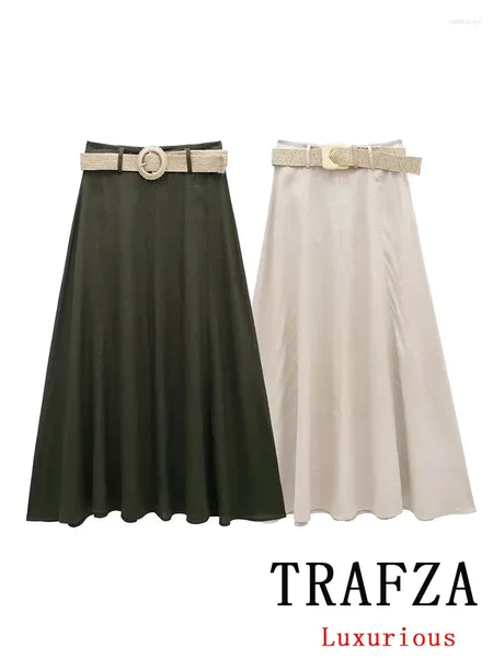 Röcke Trafza Vintage Casual Chic Frauen Rock solide Reißverschlussfalten Gürtel Lose Long gerade Mode 2024 Frühlings Sommer