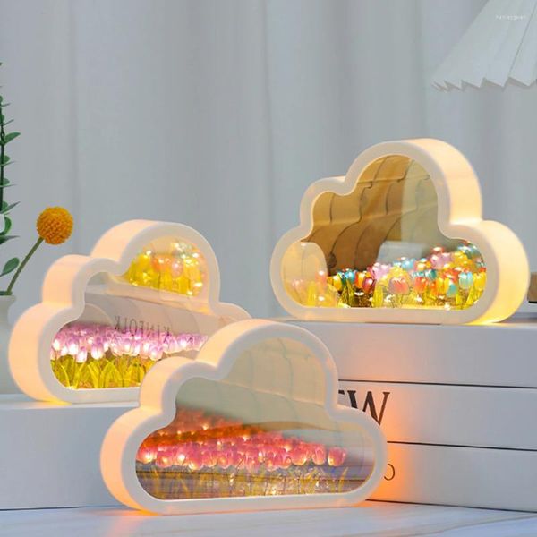 Lâmpadas de mesa Cloud Tulip Night Light Handmade Material Diy Flor Decoração Mirror Mirror Criativo Lâmpada de Aniversário Presente de aniversário do dia dos namorados