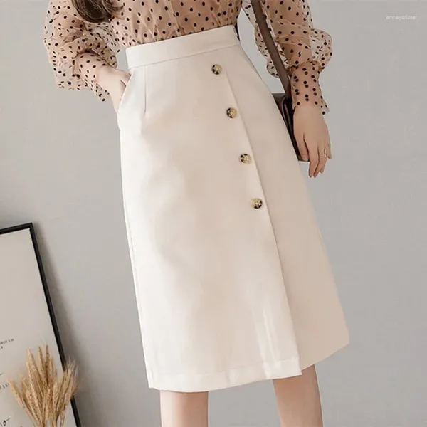 Signe Albicocca elegante per donne ad alta vita Corea Office di moda Midi Skirt Business Spring Casual Faldas Pajeres