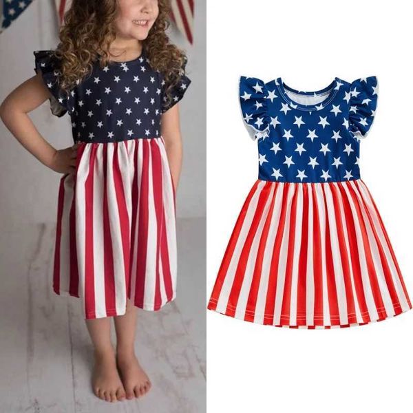 Vestidos de menina Criança meninas 4 de julho Roupa Red Blue Stars Dress Baby Girl Girl Sleeve Summer Roupas Independence Day Girls Dress H240508