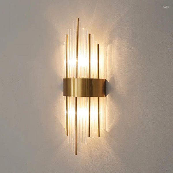 Lampada da parete American European Post Modern Golden Golden Crystal Glass Tube Light LED per Villa El Foyer Living Room Sconce