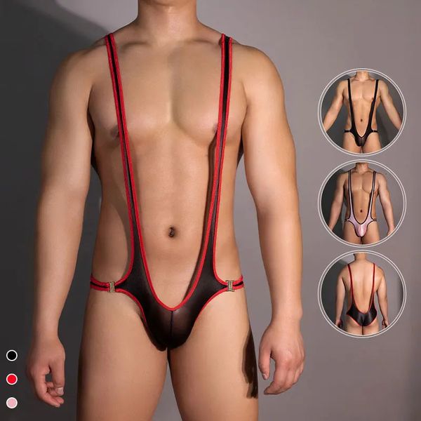 Herren Glossy Jockstrap Sexy Bodysuit Seite entfernbarer Bullenbeutel Jumpsuit Ultra dünner Hosetender Leotard Onepiece Dessous Pyjamas 240423