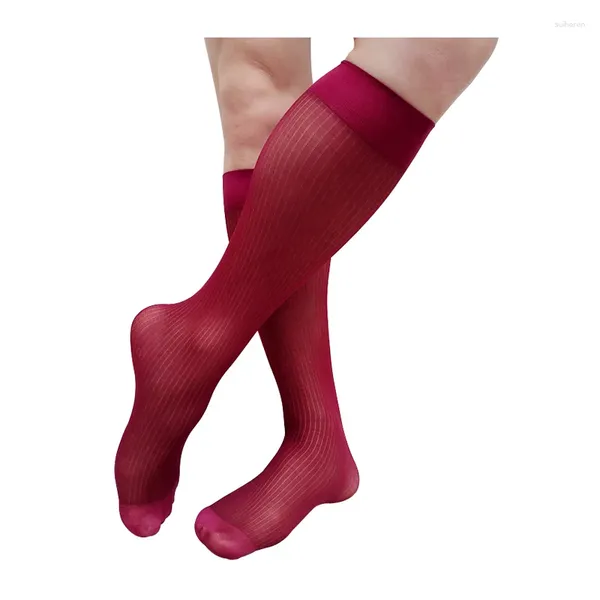 Herrensocken dünne schiere Herren gestreift formelle weiche Nylon Seide auftreten durch Kleideranzug Knie hohe lange Rohrstrumpf Dessous Dessous