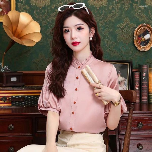 Blusas femininas Chiffon Pink Shirt Summer Summer Solid Solid Loose Mangas curtas Mulheres Tops Ruffles Elegant Roupas Ycmyunyan