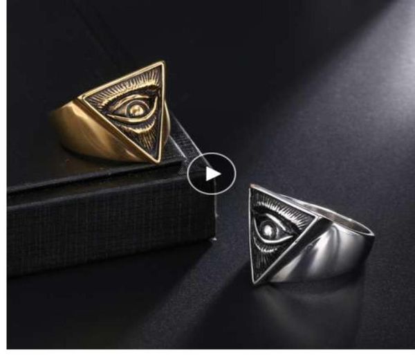 DZ punk illuminati pirâmide anel de olho de olho de aço 316l Aço inoxidável Hip Hop Gold Color Triangle Rings Para homens jóias faraóh8463638