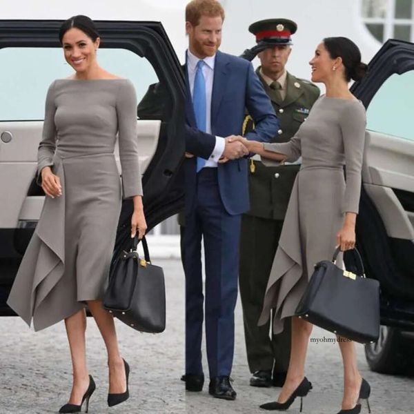 2021 MEGHAN MARKLE MANDO DOMPENCIO DO TEMO DOS VENDOS NOVIMENTOS Mangas longas de cetim Uma linha Vestido de noite da festa da mãe 0509