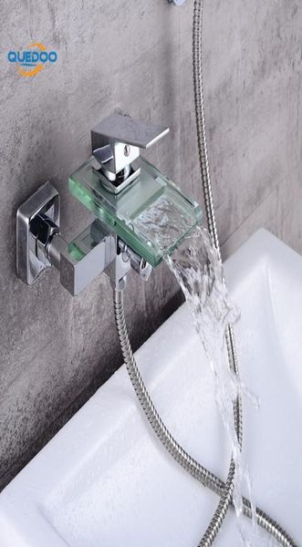 Duscharmäuren quadratische Wandmontage Wasserfall Glas Ausguss Badezimmer Bad Handheld Dusch Set Tap Mixer Badewanne polierter Wasserhahn1476877