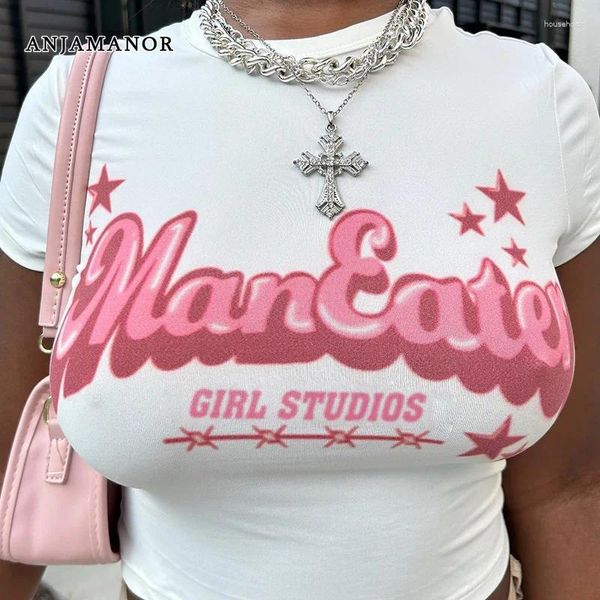 Frauen T-Shirts Anjamanor Brief Print Grafik Kurzarm Crop Tops süßes Baby Tee Y2K Streetwear Sommer Kleidung Frauen 2024 D66-ah10