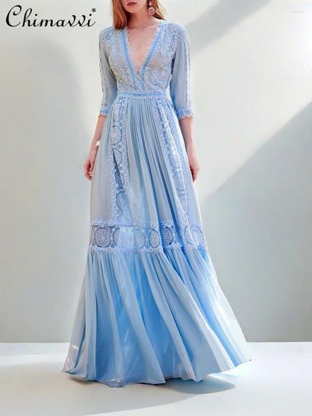Повседневные платья французский элегантный синий кружево вязание крючком цветов
