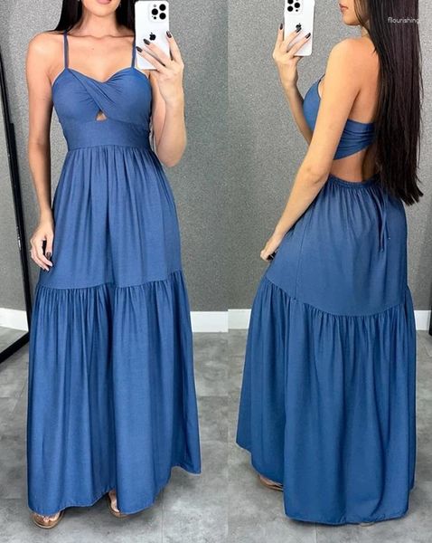 Lässige Kleider 2024 Sommer elegant und stiliener italienischer Nudelgurt plissierte vorne Denim Maxi Kleid