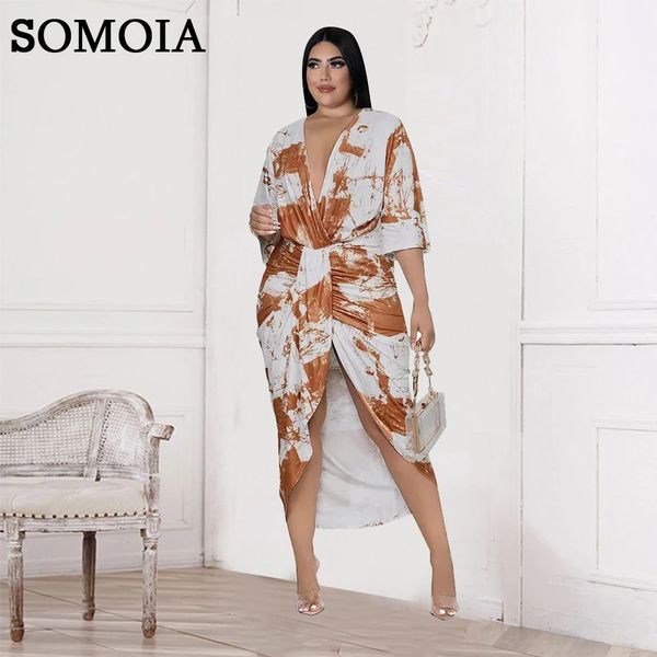 Somoia XL4XL Plus Size Women Clothing Mode Krawattenfärbendruck Slim Fit Elegant Vneck Abendkleid Großhandel Drop 240426