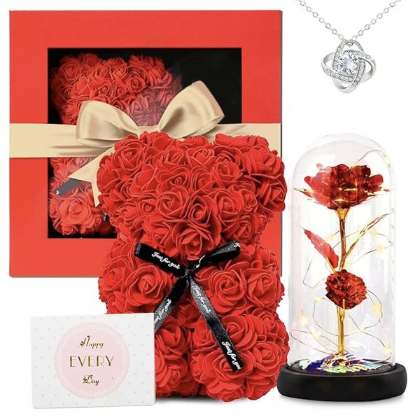 Valentines Gifts Rose Bear Galaxy Rose Conjunto Preservado Flores artificiais Presente de aniversário para mulheres Mom esposa namorada 240508
