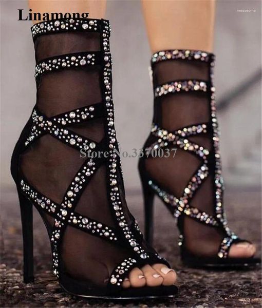 Stivali affascinanti bling nera mesh rhinestone tallone corto short peep toe cistalli di cristallo in pizzo incrociato con stivaletti alla caviglia