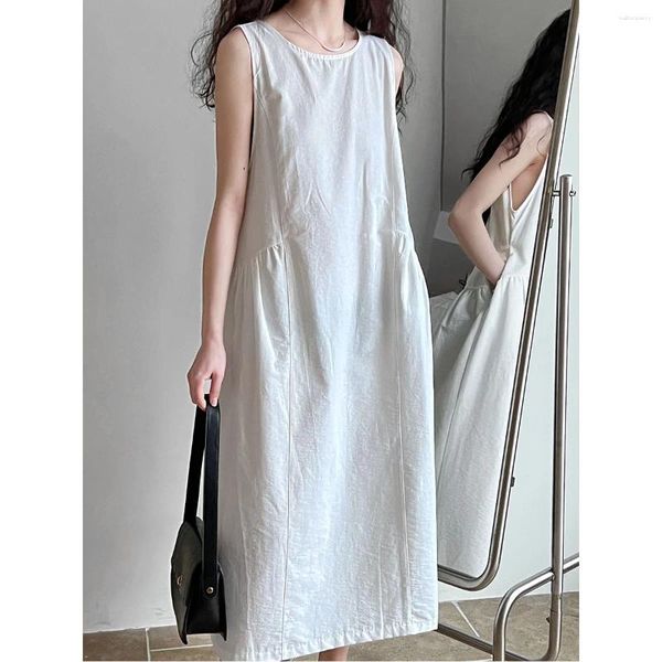 Lässige Kleider Sommerkoreanische Version mit einem High-End- und minimalistischen Taillenstil White Kleid runden Hals ärmellose Weste Rock