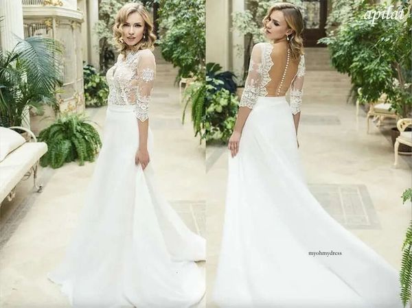 Elegant 3/4 Langarm A-Line Bohemian Hochzeitskleid Cheao White Spitze appliziert Country Beach Boho Brautkleid 0509