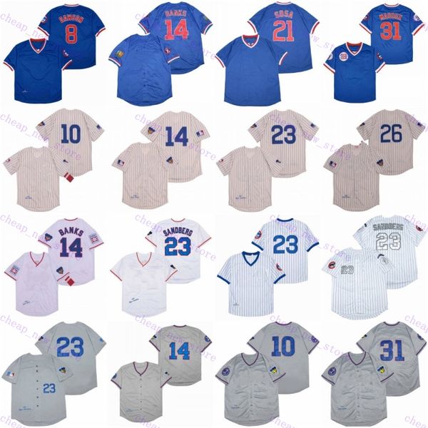 Maglie da baseball a buon mercato 8 Dawson /10 Santo /14 Banks /21 Sosa /23 Sandberg /26 Williams /44 Rizzo 1987 1942 1909 Shirt blu bianco retrò vintage cucito