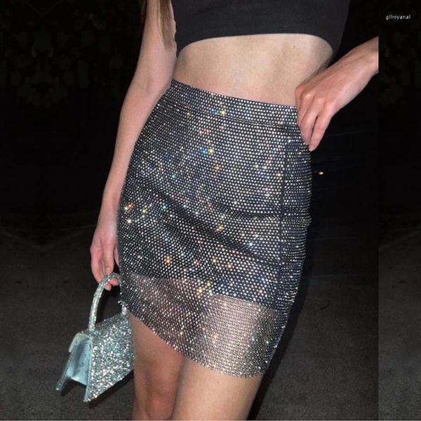 Signe Y2K Sexy Black White Mesh Hollow Out Fishnet Bling Crystal Women's Skirt Sera Abiti di carnevale per feste per festival femminile festa