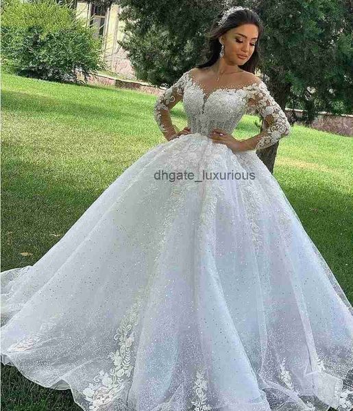 Abito da sposa scintillante a maniche lunghe a v-scollo a V 2023 pizzo appliqus perline abiti da sposa da sposa da sposa