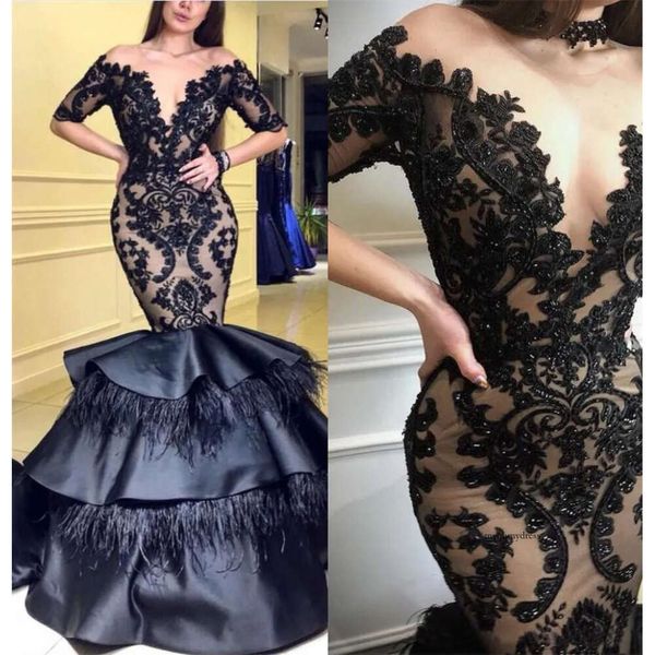 Kosovo lindos vestidos de baile preto Apliques de renda sereia vestidos de noite