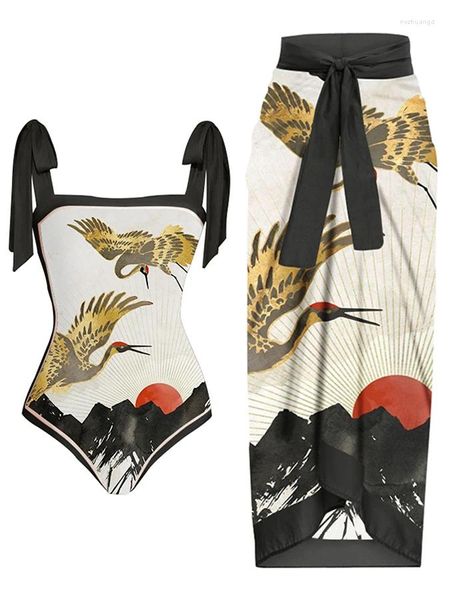 Moda de banho feminina Contraste de biquíni sexy retro tie-dye impressão 2024 Designer Trend Beach Facing Camping Swimsuit