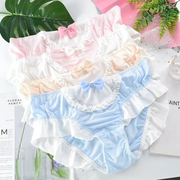 Mutandine femminili di grandi dimensioni Donne Milk Silk Cine Adorabile Sweety Princess Style Lolita Bow Ruffles Elasticità Candy Colours In biancheria intima