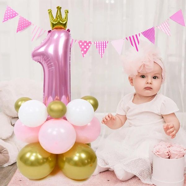 Decoração de festa bebê menino menina pastel rosa coroa azul digital 1 número de papel alumínio.