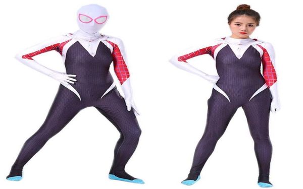 Bazzery Spider Gwen Costume Stacy Cosplay Hoodie Zentai nella tuta per la pelle per bambini per bambini di Spiderverse Suit di Halloween Cosplay G092357871