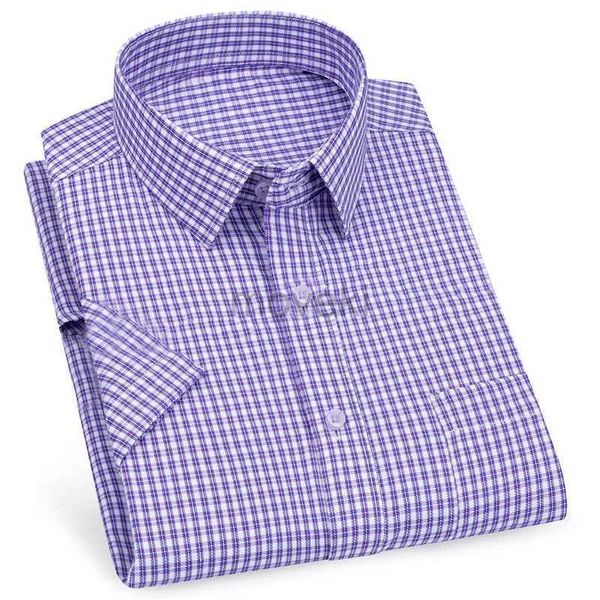 Herren -Hemdhemden Herren Business Casual Short Sleeved Shirt Classic Striped Plaid Checkted Male Social Hemd Shirts Purple Blau 6xl plus großer Größe D240427