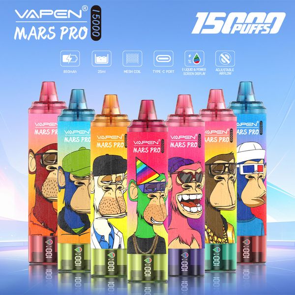 Аутентичный Vapen Mars Pro 15K 15000 Puffs Diffect Display Disosable Vape Pen E-сигареты наборы 850 мАч 25 мл Предварительно заполненные Vapes Portable Air-Flow Control Tornado 15000