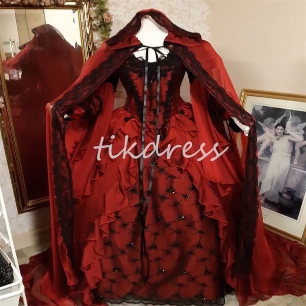 Abito da sposa gotico nero e rosso rinascimentale con avvolgimento di abiti da sposa Halloween storici 1800.