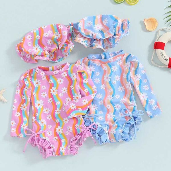 Pieces Girls Biquíni Praia Aprómata de Manga longa Mock pescoço Floral Rainbow Print Rodper Bathing Suit com chapéu H240508