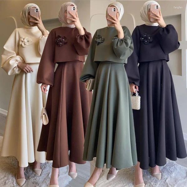 Roupas étnicas Elegantes mulheres muçulmanas 2 peças conjuntos abaya dubai tops de cor sólida A-line Saiets Mesa