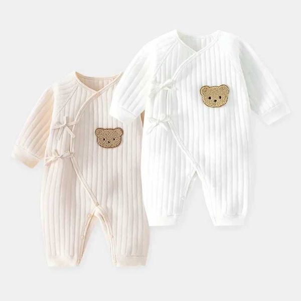 ROMPERS Bären Baby-Overalls mit Hut Baumwoll Kleinkind Rolbert für Jungen Mädchen Langarmes Baby Onesies weiche atmungsbezogene einteilige Pyjamas H240508