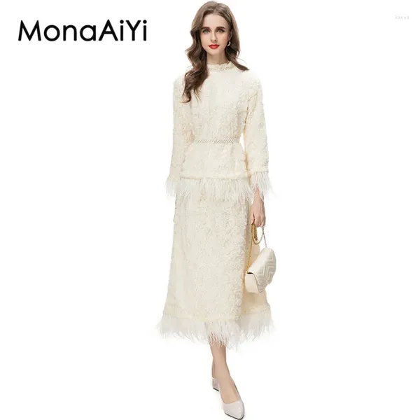 Vestidos de trabalho Monaaiyi designer de moda feminina com babados femininos de faixa de contas destacável Tops brancos de penas saia casual 2pcs Conjunto