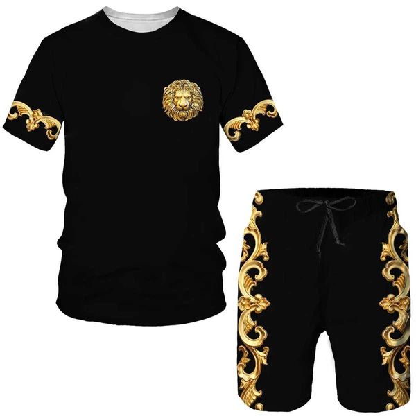 Мужские футболки Summer Mens Sets Новая 3D Golden Chain Print Brand Brand Seve Vintage Luxury Royal Forts Shorts 2 костюма H240508