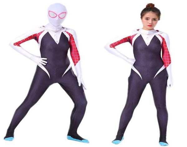 Bazzery Spider Gwen Costume Stacy Cosplay Hoodie Zentai nella tuta per la pelle per bambini per adulti Spiderverse Suit di Halloween Cosplay G0921039116