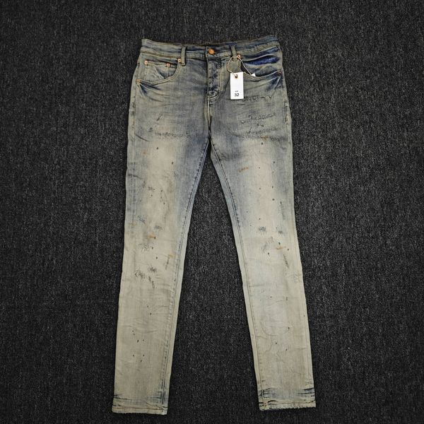 Mor Jeans Erkekler Amerikan High Street Indigo Onarım Bleach Gradient Alçak Rise Sıska Mens Jeans Erkek Marka Giyim 240509