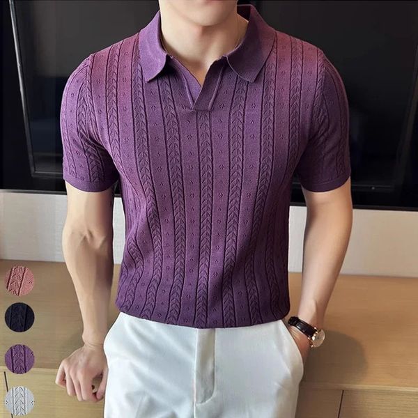 Herren Polo-Hemd gestreift Jacquard Strick Kurzarm T-Shirt V-Ausschnitt mit elastischer Oberseite 2024. M-3xlsummer Lila dünn 240508