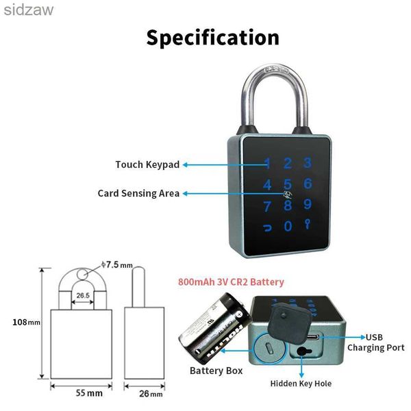 Smart Bloqueio portátil Bloqueio portátil Inteligente Padlock Bluetooth TTLOCK Tecla de senha à prova d'água 13.56khz RFID USB CART