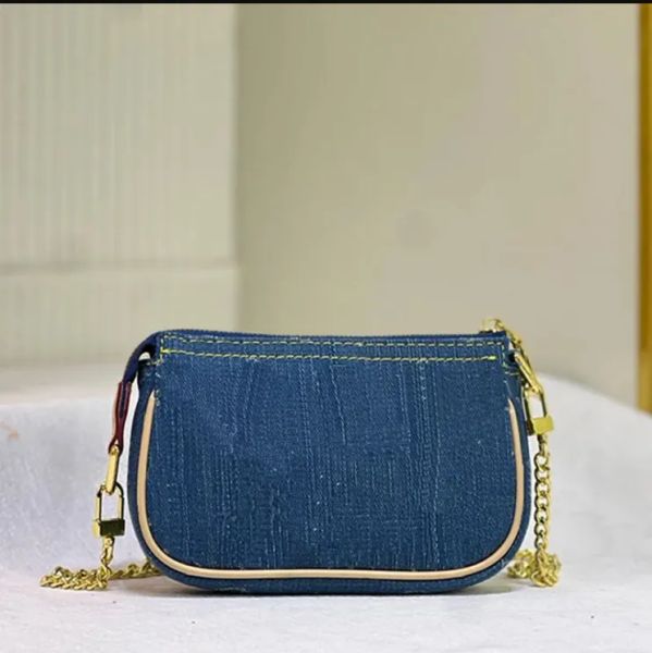 Denim Cowboy Pochette Umhängetasche Modebetzer Reißverschluss Taillenbeutel Kleine Handtaschen Geldbeutel Designer Kettenwechselbeutel Blau iPod Hülle Weibliche Freizeit